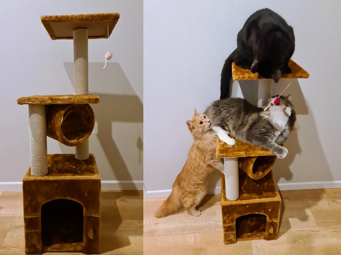 Brown dealonlinenz cat tree house with post condo, 94cm high, featuring multiple platforms and cozy hideouts for cats.
