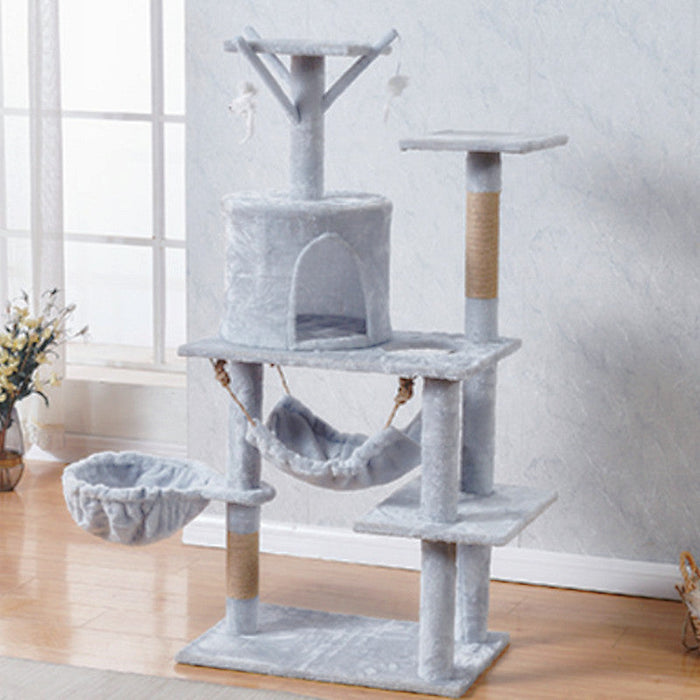 Tall 125cm dealonline.co.nz cat tree with scratching post and toy mouse for cats, featuring multiple platforms and cozy hideouts.