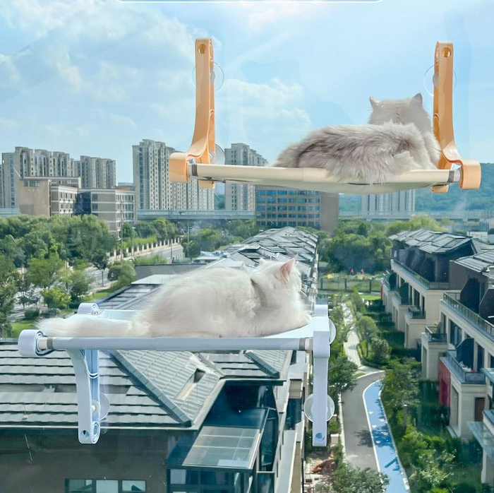 Dealonlinenz cat window perch hammock measuring 49cm x 30cm, sturdy up to 22.5kg, attached to a window with a cozy fabric surface.
