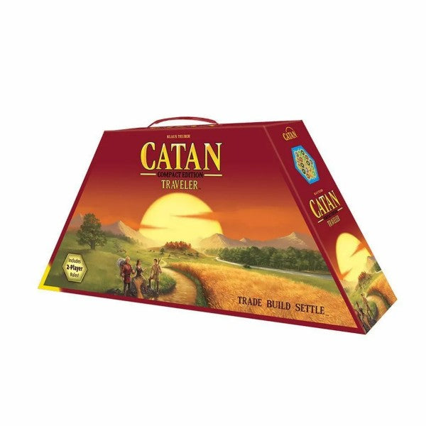 Red trapezoid box with a sunset landscape illustration, wheat fields, travelers, and a top carrying handle.