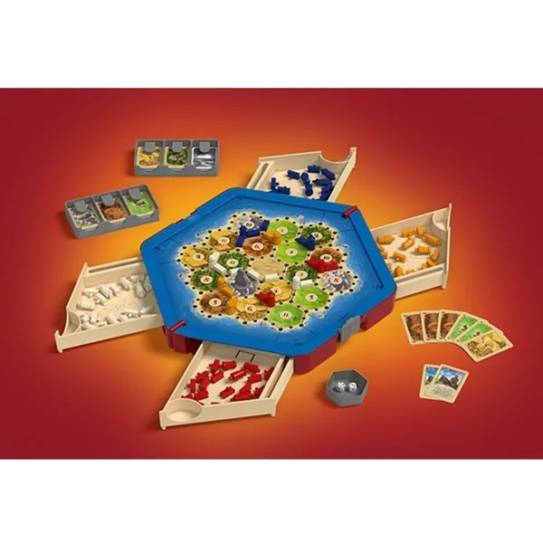 Hexagonal blue travel board game with pull-out drawers for colorful pieces, cards, and dice on a red background.