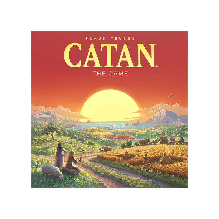 Square box art for CATAN featuring a large sun setting over rolling hills, wheat fields, and sheep under a red sky.