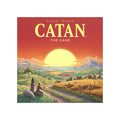 Square box art for CATAN featuring a large sun setting over rolling hills, wheat fields, and sheep under a red sky.