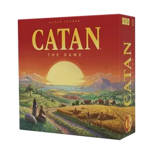 Red square Catan box featuring a vibrant sunset illustration over golden wheat fields, green hills, and mountains.