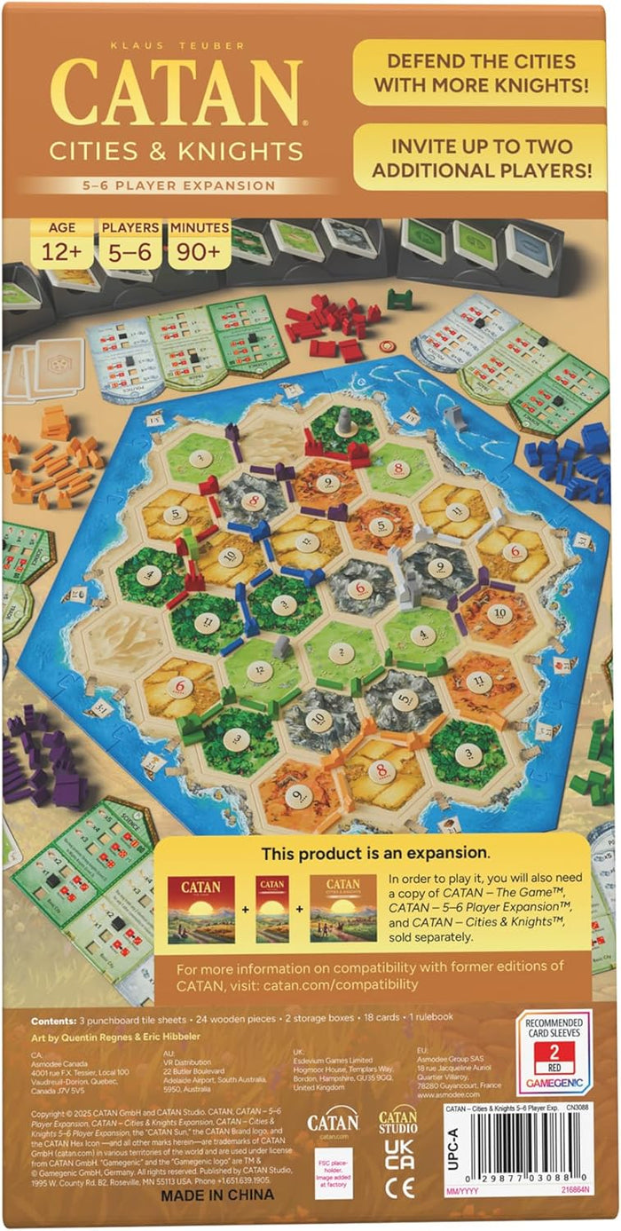 Back of yellow game box showing a setup of colorful hex tiles, wooden pieces, cards, and player count details.