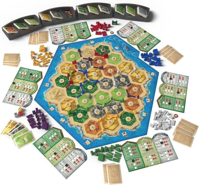 Hexagonal board game set up with colorful pieces, card trays, and city development flip-charts for six players.