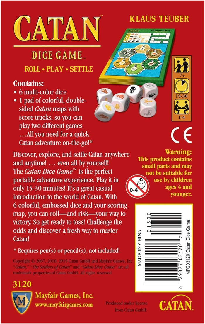 Red box back for Catan Dice Game showing six white resource dice and a pad of hexagonal scoring maps.