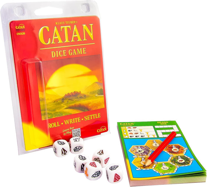 Catan Dice Game in clear packaging with 6 white resource dice, a colorful hex map notepad, and a small red pencil.