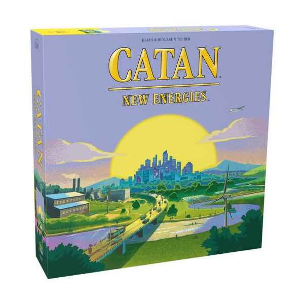Square lavender game box featuring a modern city skyline, a large yellow sun, wind turbines, and solar panels.