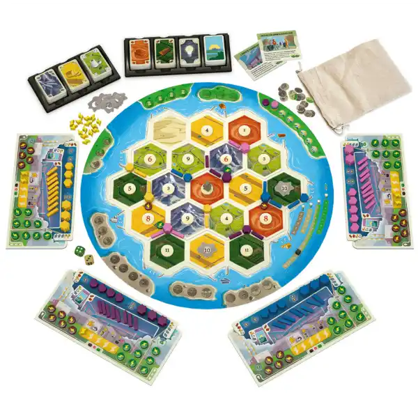 Catan New Energies board game with a circular island map, colorful hexagonal tiles, player boards, and game pieces.