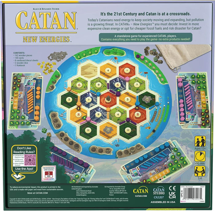 Back of box showing a colorful hex-tile game board, wooden pieces, and player mats with modern energy-themed graphics.
