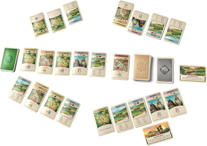 Illustrated travel game cards for roads, cities, and knights arranged in clusters on a plain white surface.