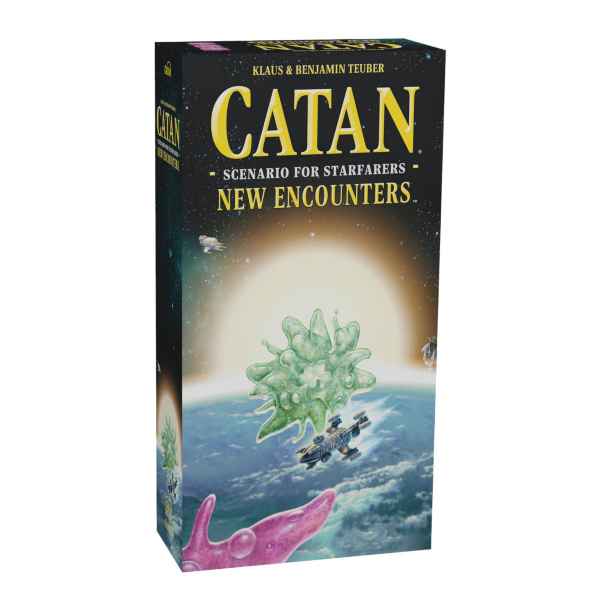 Tall black box with yellow Catan logo over space art of alien forms and a spaceship above a blue planet and bright sun.