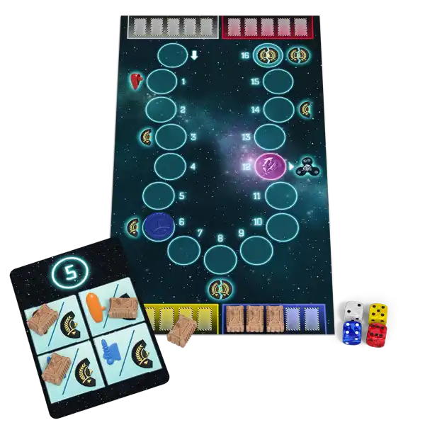 Space-themed board game with a track, card, brown crate pieces, and four dice in white, yellow, blue, and red.