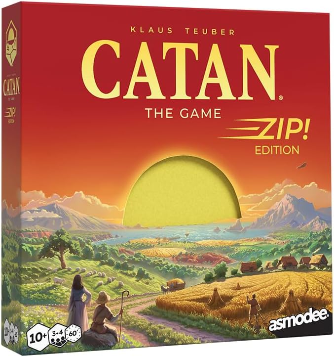 Red board game box with a yellow circular cutout over a landscape scene of mountains, sheep, and golden wheat fields.