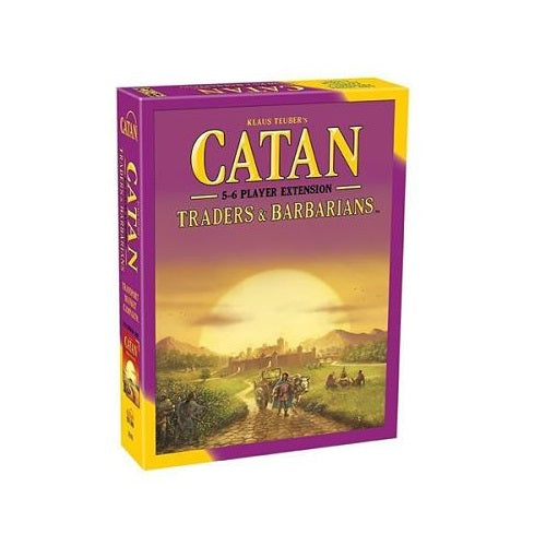 Purple rectangular box for a Catan extension featuring a sunset landscape with travelers and a castle.