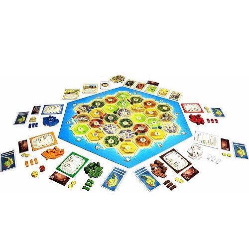 Hexagonal board game layout featuring landscape tiles, cards, and colorful game pieces for up to six players.