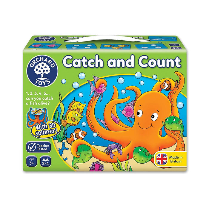 Green Catch and Count game box featuring a large orange octopus and colorful sea creatures with a 3D spinner.