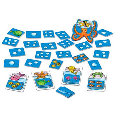 Catch and Count game with sea creature cards, bubble number cards, fish tank boards, and a bright orange octopus spinner.
