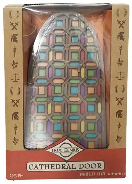 Arched wooden puzzle with colorful geometric stained glass patterns in its brown and red True Genius retail box.