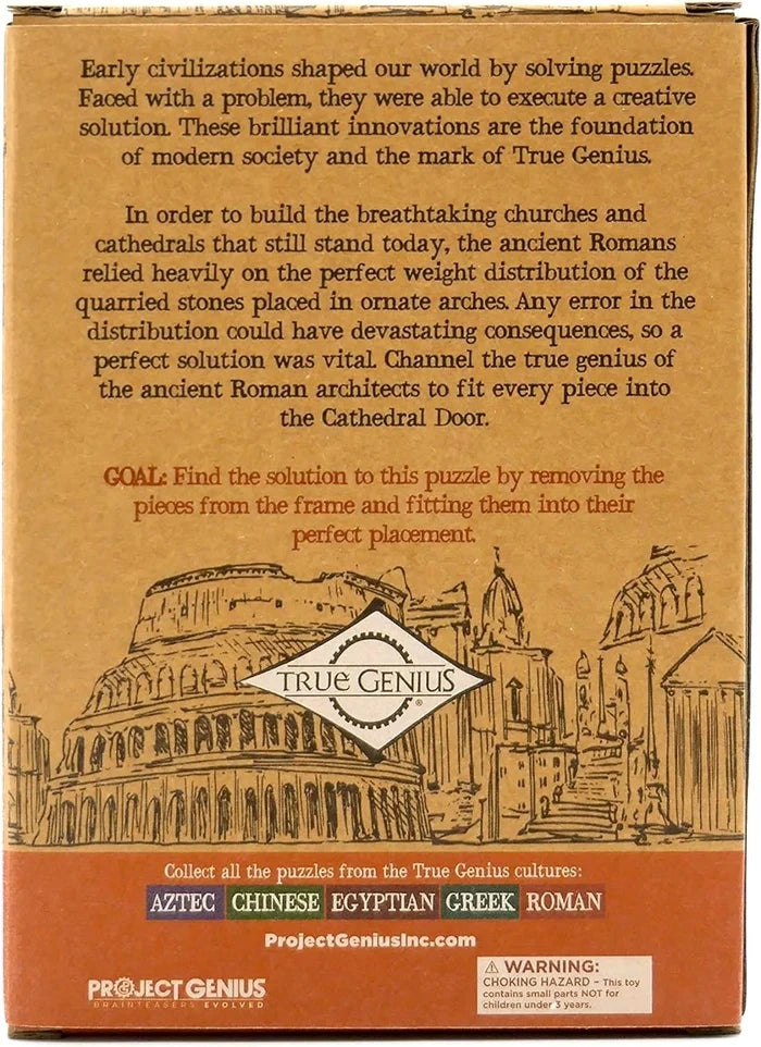 Back of a tan puzzle box with vintage sketches of Roman cathedrals and text describing the Cathedral Door puzzle.