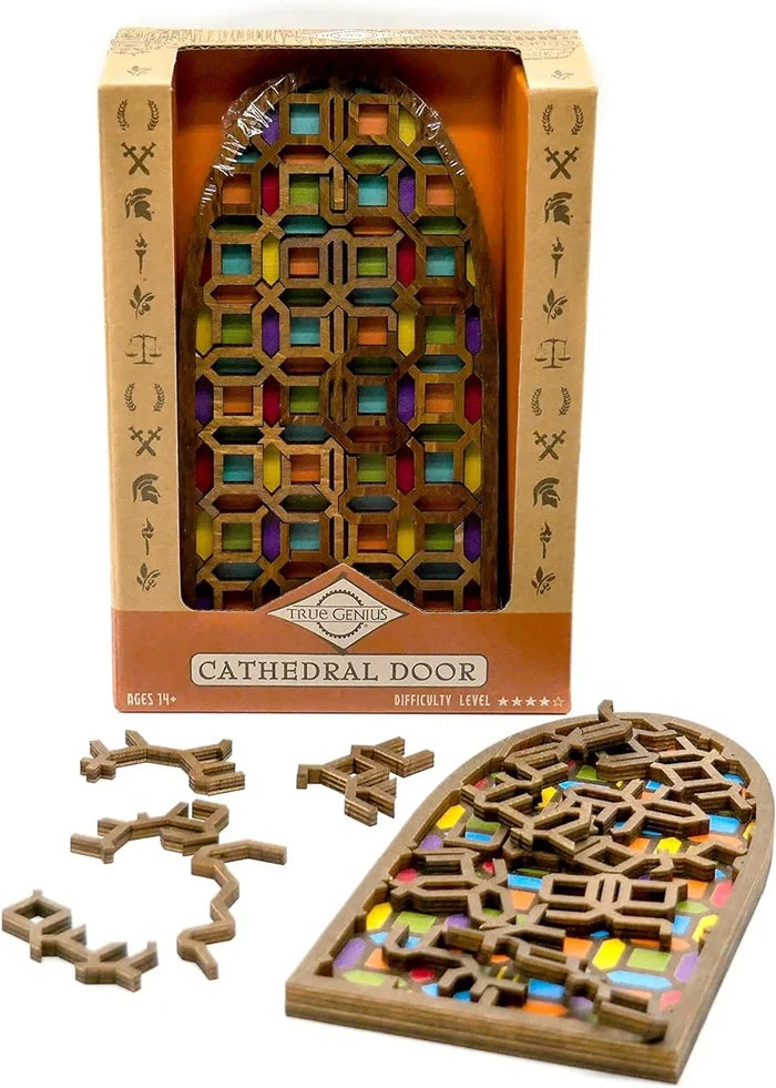 Arched wooden door puzzle with colorful stained glass panels and interlocking lattice pieces, shown in its packaging.
