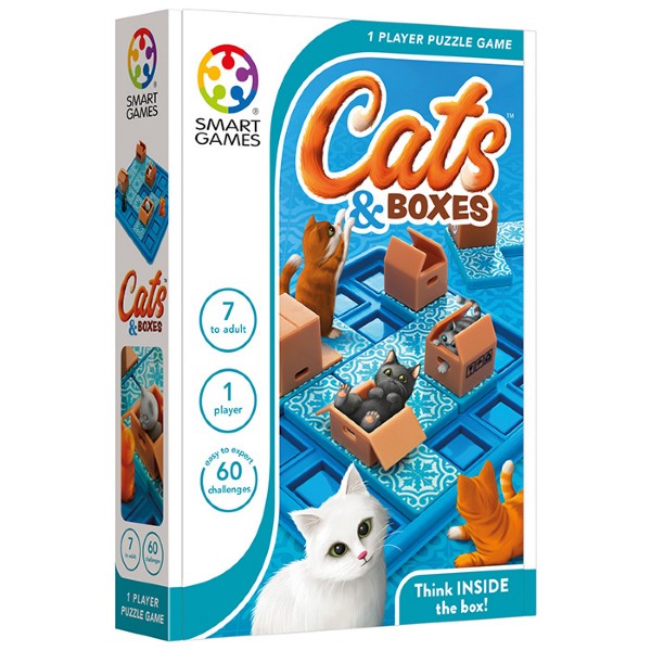 Box art for Cats & Boxes puzzle game showing toy cats and cardboard boxes on a blue patterned game board.