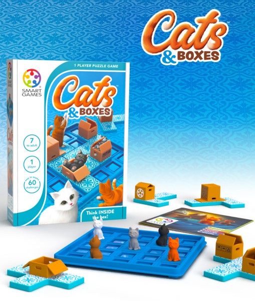 Cats & Boxes packaging beside a blue grid board with colorful cat figures and L-shaped tiles with brown boxes.
