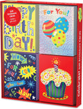 Red box with four colorful gift enclosure card designs: Happy Birthday, balloons, starbursts, and a frosted cupcake.
