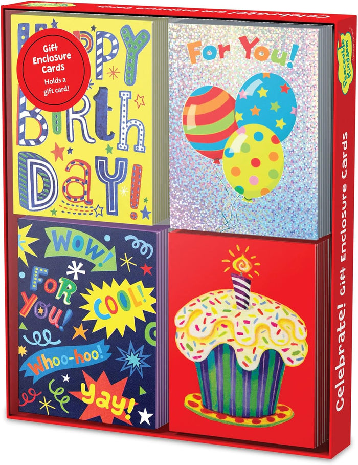 Red box with four colorful gift enclosure card designs: Happy Birthday, balloons, starbursts, and a frosted cupcake.