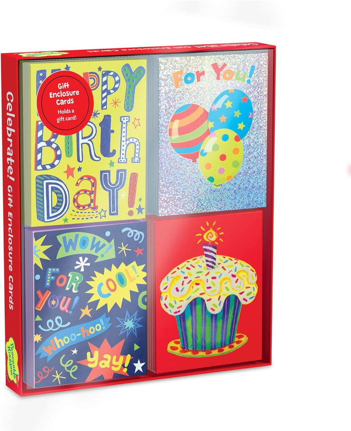 Red box of four colorful mini birthday gift cards featuring cupcake, balloon, and happy birthday designs.