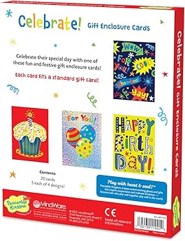 White box showing four vibrant card designs: a cupcake, festive balloons, starbursts, and bold Happy Birthday text.