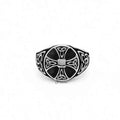 Stainless steel Celtic Cross ring with Celtic knot symbols, featuring detailed engraved designs on a sleek band.