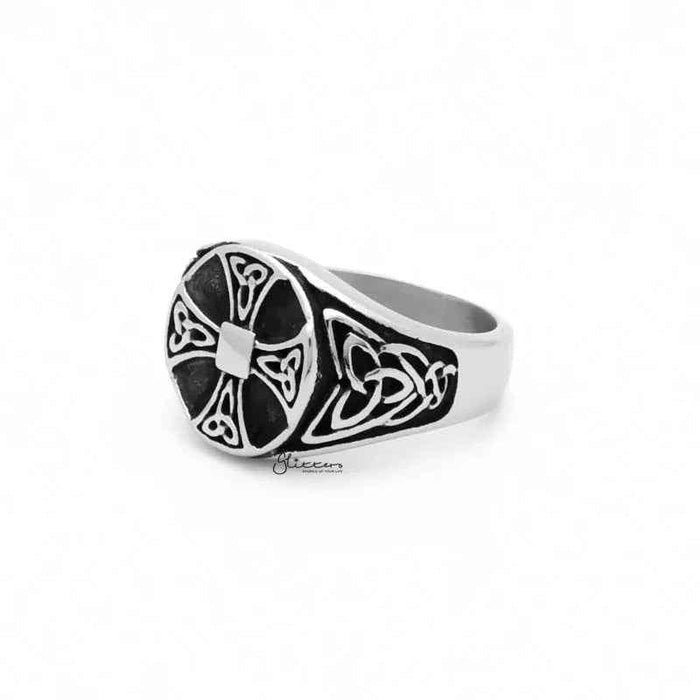 Celtic Cross stainless steel ring with Celtic knot symbols, featuring intricate engraved design on a polished band.