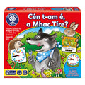 Red Orchard Toys box with cartoon wolf, hedgehog, and rabbit illustrations holding clock faces and game cards.