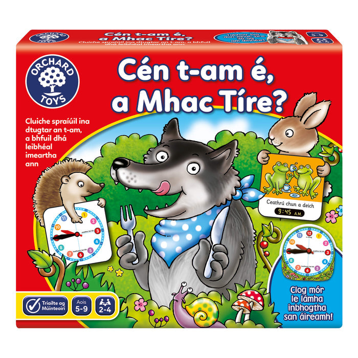 Red Orchard Toys box with cartoon wolf, hedgehog, and rabbit illustrations holding clock faces and game cards.