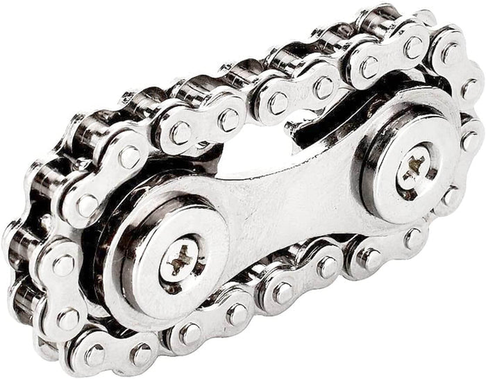 Polished silver fidget toy featuring a miniature bike chain looped around two rotating metal sprockets.