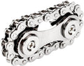 Polished silver fidget toy featuring a miniature bike chain looped around two rotating metal sprockets.