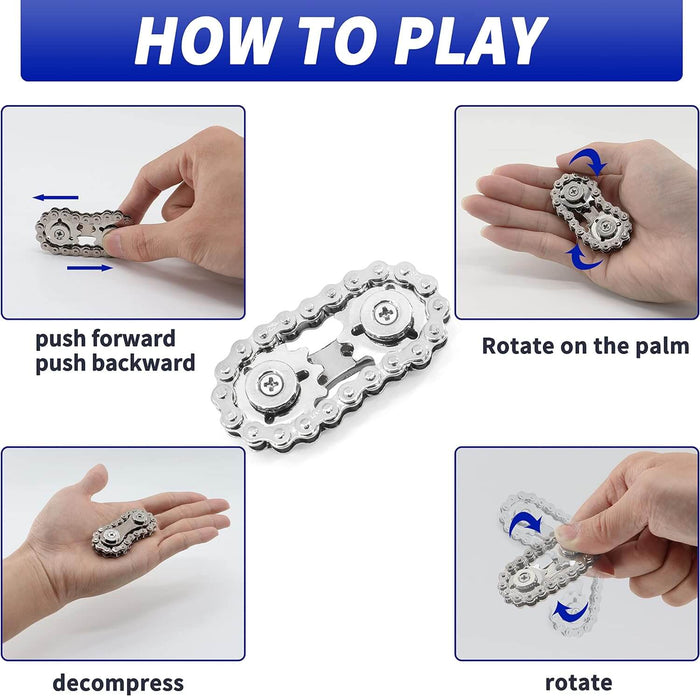 Silver metal bike chain and gear fidget toy shown in four panels being pushed, spun, and rotated by hand.