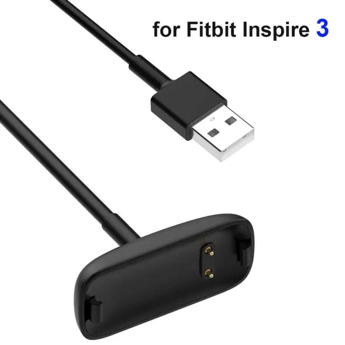 Fitbit Inspire 3 charger with attached USB-C cable, compatible charging accessory for Fitbit Inspire 3 smartwatch.