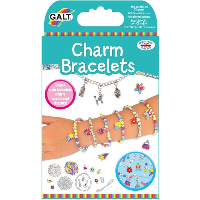 Teal Galt box showing colorful beaded and metal charm bracelets worn on a hand, with assorted beads and charms below.