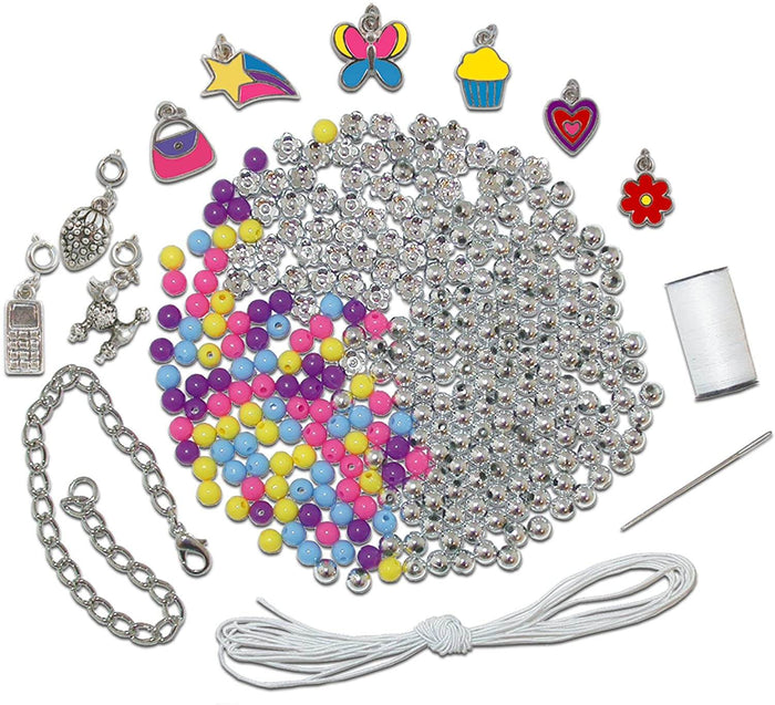 Jewelry kit with colorful beads, silver flower beads, enamel charms, silver chain, elastic cord, and a needle.