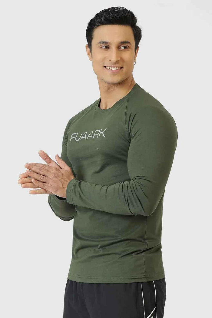 Olive green Chase full sleeves T-shirt by Fuaark Nz with crew neckline and fitted design, displayed on a plain background.