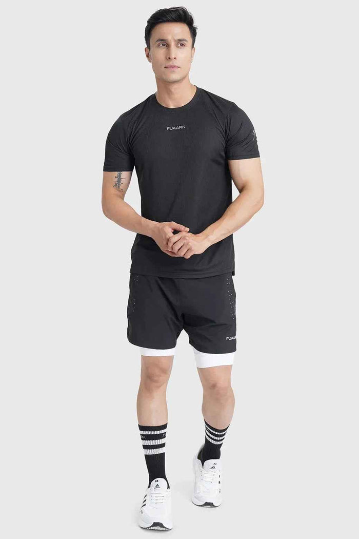 Black Checks Running T-shirt by Fuaark Nz, featuring a comfortable fit and stylish checkered pattern for activewear.