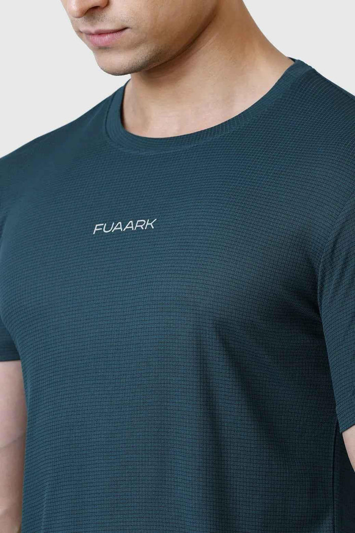 Bottle green Checks Running T-shirt by Fuaark Nz, featuring a casual fit and checkered pattern for active wear.