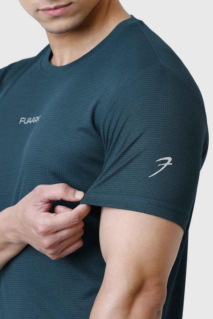 Bottle green Check Running T-shirt by Fuaark Nz, featuring a casual fit and stylish check pattern, suitable for active wear.