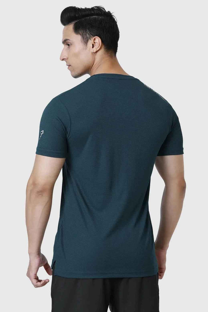 Bottle green Checks Running T-shirt by Fuaark Nz, featuring a stylish checkered design and comfortable fit for active wear.