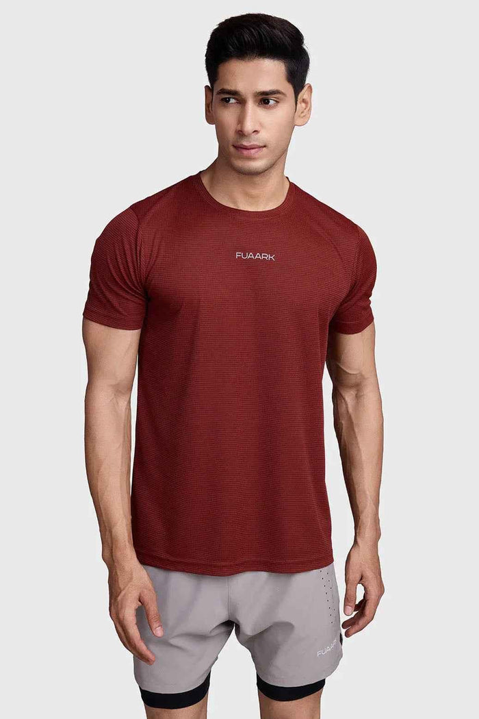 Fuaark Nz Checks Running T-shirt in Salsa color, showcasing a comfortable athletic T-shirt with checkered pattern and breathable fabric.