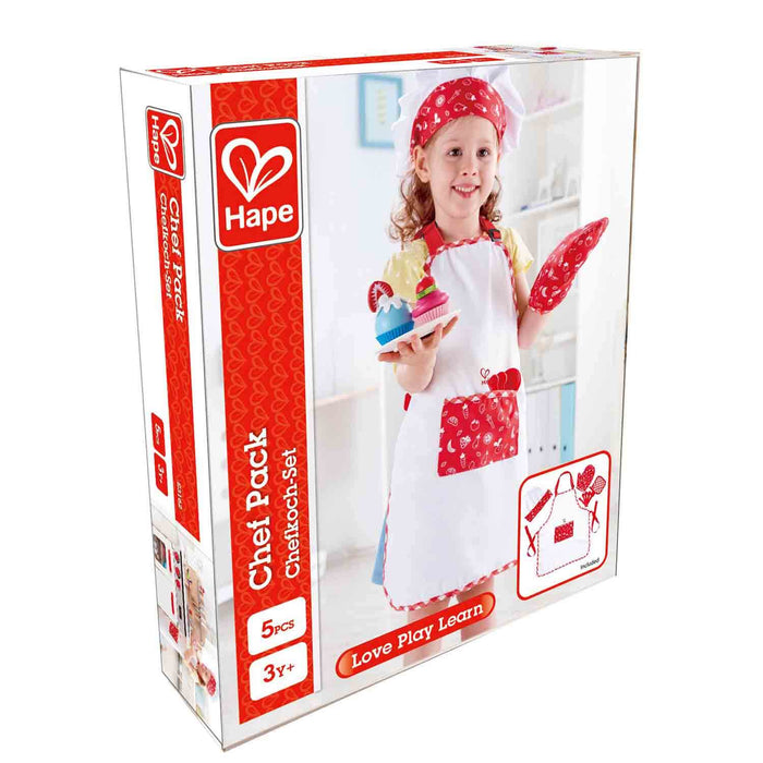 Hape Chef Pack white box featuring a child wearing a red heart-patterned apron, chef hat, and oven mitt.