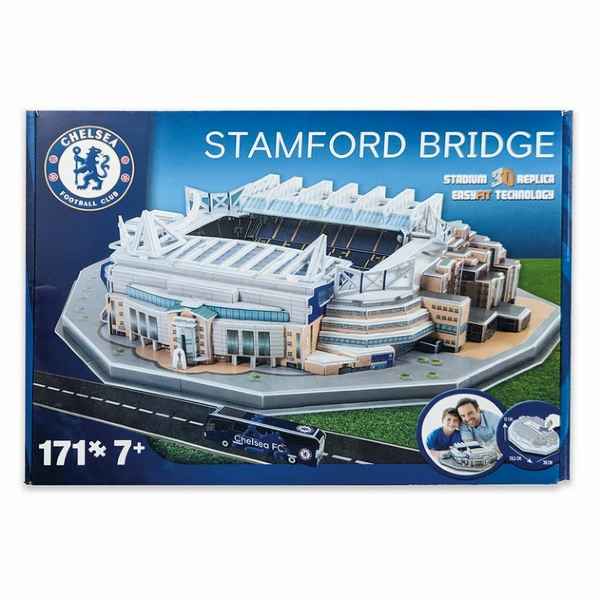 Blue packaging with Chelsea FC logo, showing a white 3D stadium model, 171 piece count, and ages 7 plus.